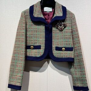 Gucci Multicolor Tweed Cropped Jacket with Navy Trim and Brooch
